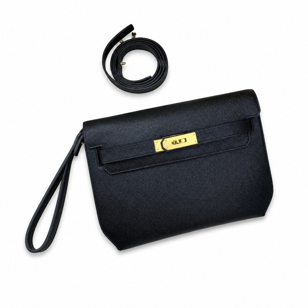 Kelly Depeches 25cm Epsom Leather 89 Black Gold Buckle — Streamlined Clutch Bag