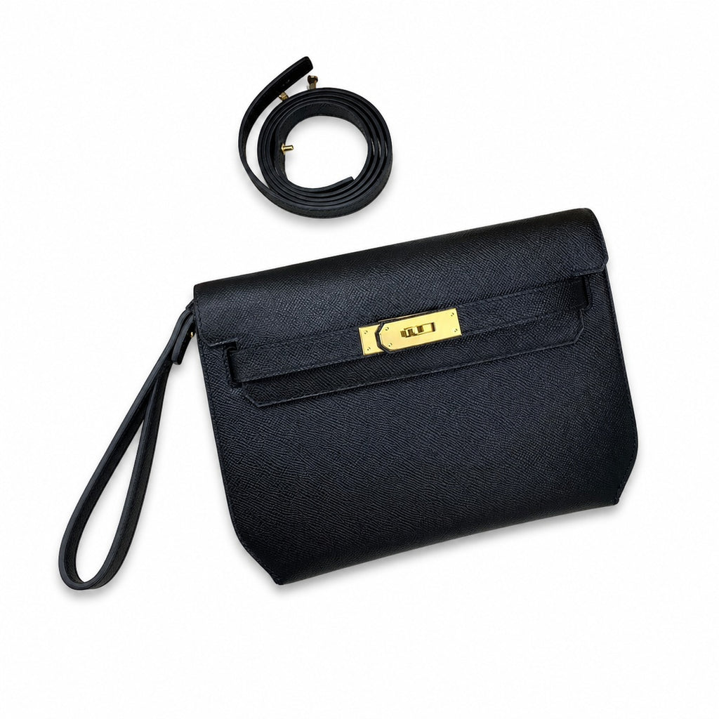 Kelly Depeches 25cm Epsom Leather 89 Black Gold Buckle — Sophisticated Compact Carry