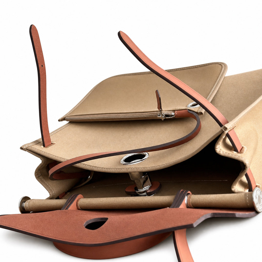 Herbag 31cm Saddle-Inspired Canvas Body with Leather Handle and Shoulder Strap — Polished Canvas-and-Leather Handbag