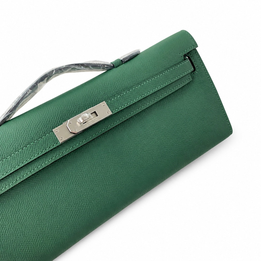 Kelly cut 31 clutch Epsom malachite green Silver Buckle — Sophisticated Evening Clutch
