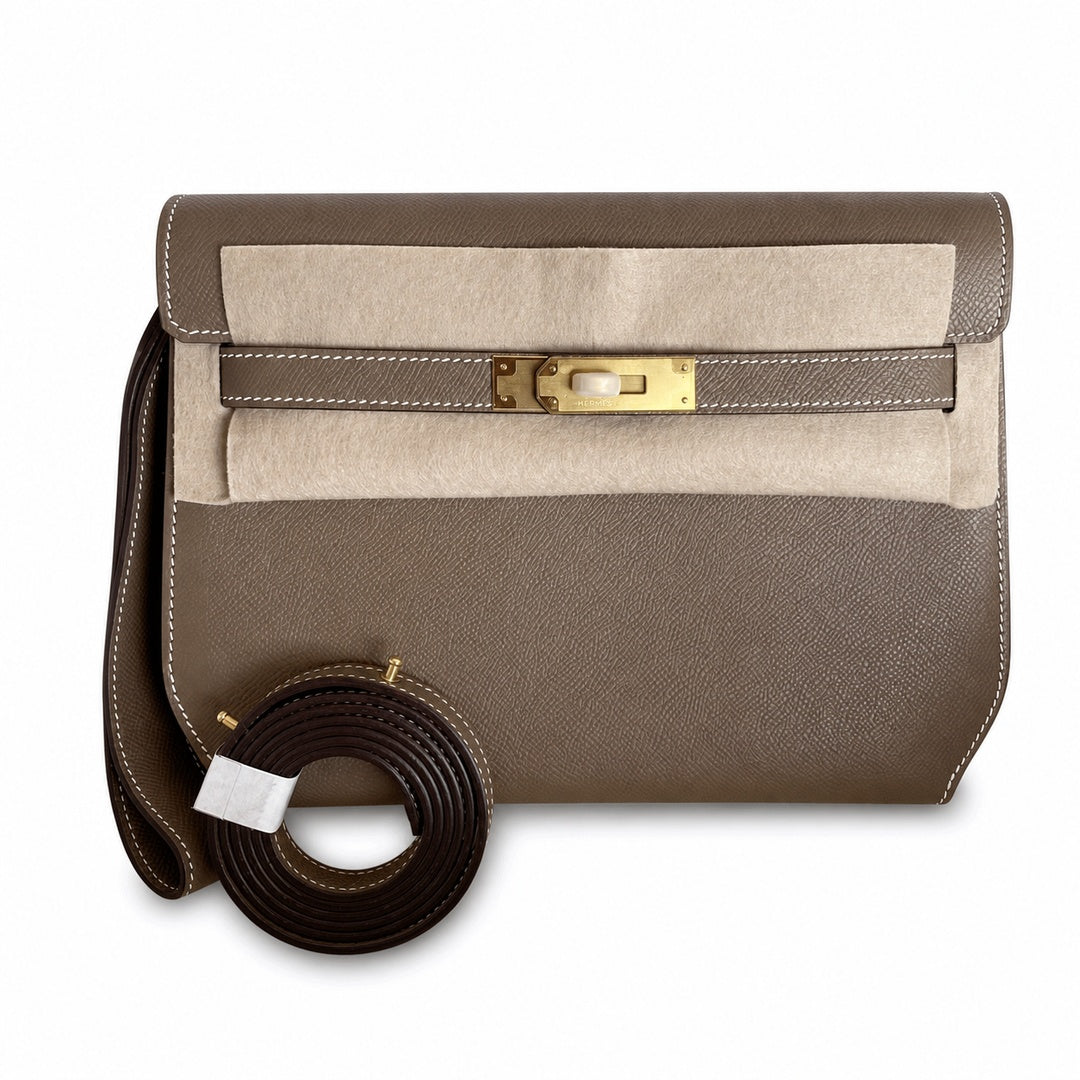 Kelly depeches 25cm Epsom Elephant Gray Gold Buckle — Sophisticated Compact Carry