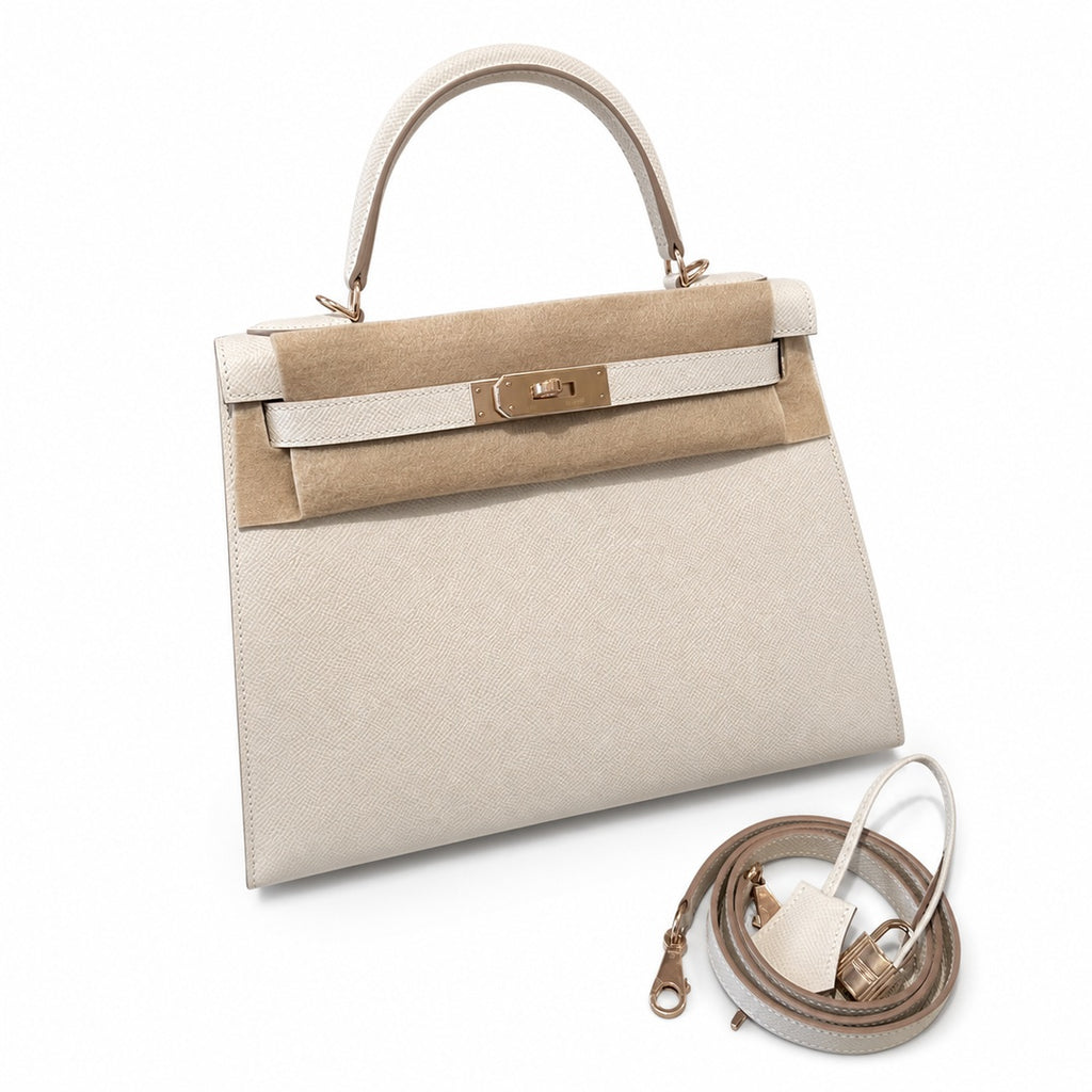 Kelly 28cm in Milkshake White Epsom Leather with Rose Gold Buckle Handmade — Polished Structured Handbag