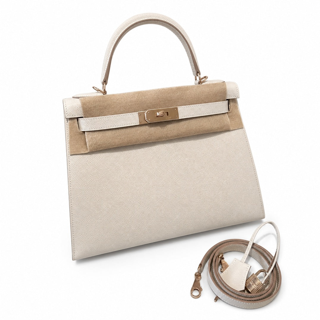 Kelly 28cm in Milkshake White Epsom Leather with Rose Gold Buckle Handmade — Polished Structured Handbag