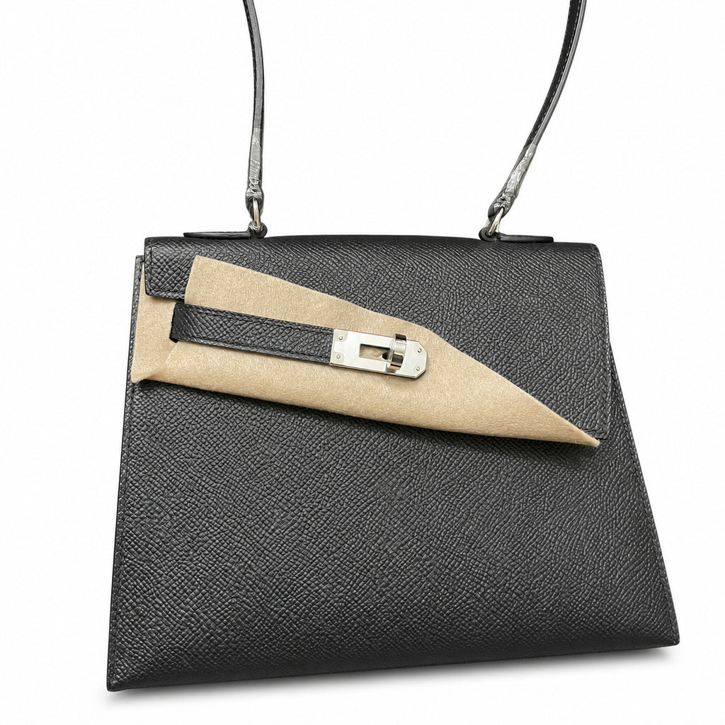 Kelly Desordre 20cm Sellier double-sided Epsom original palm print leather ck89 Black Noir Silver Buckle PHw top hand sewing — Refined Reversible Carry Design