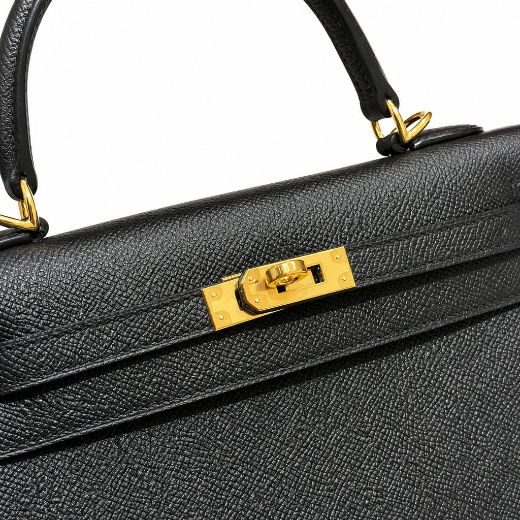 Kelly 25cm in Black Epsom Leather with Gold Buckle Handmade — Refined Top-Handle Bag