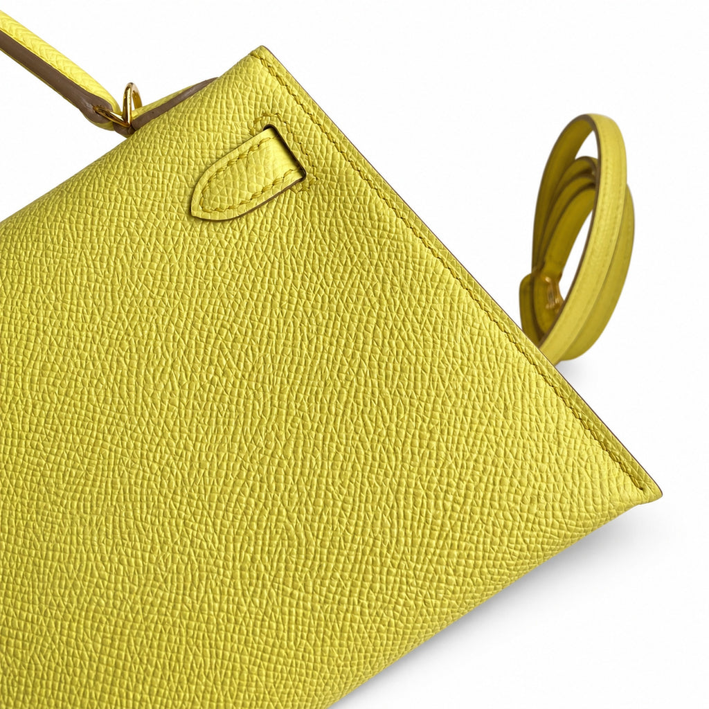 handmade Mini Kelly II 19cm imported Epsom Leather lemon yellow Gold Buckle — Elegant Compact Carry Style