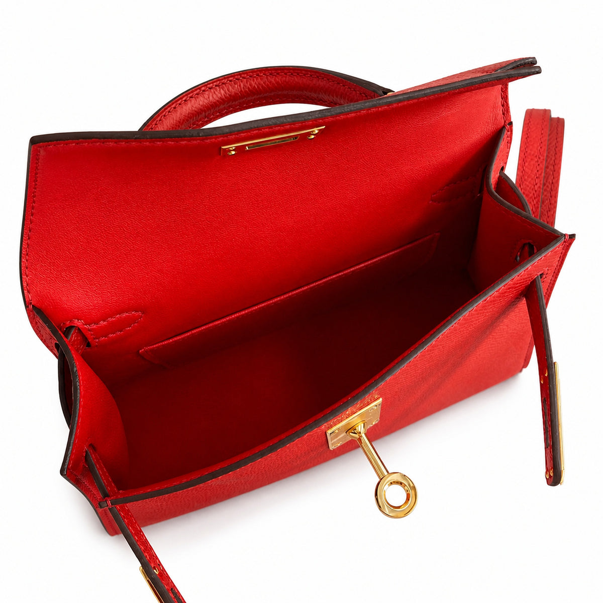 handmade Mini Kelly II 19cm imported Epsom Leather heart Red Gold Buckle — Polished Compact Handbag