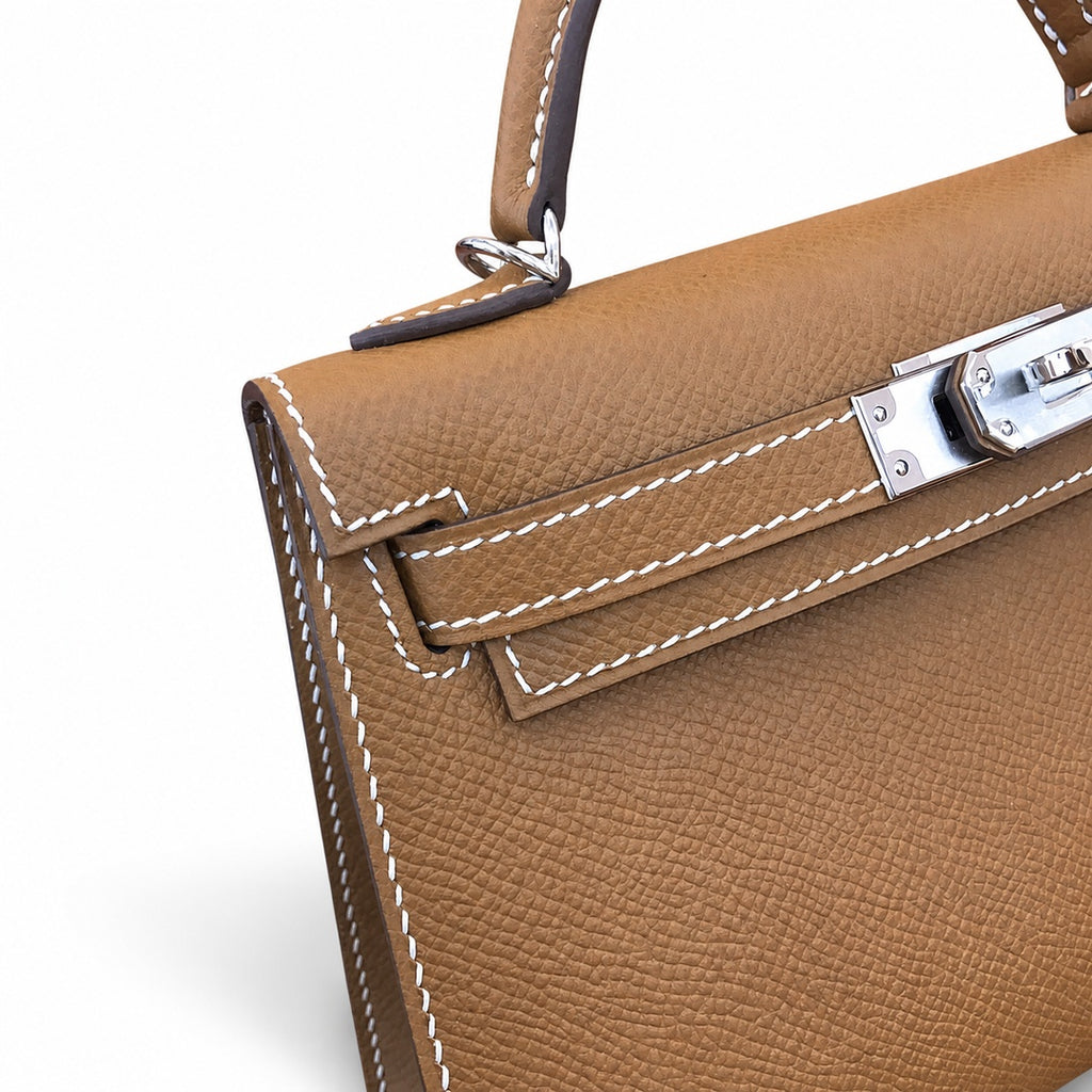 handmade Second generation Kelly 19cm imported Epsom Leather earthy yellow Gold and Silver Buckle — Sophisticated Small-Scale Bag