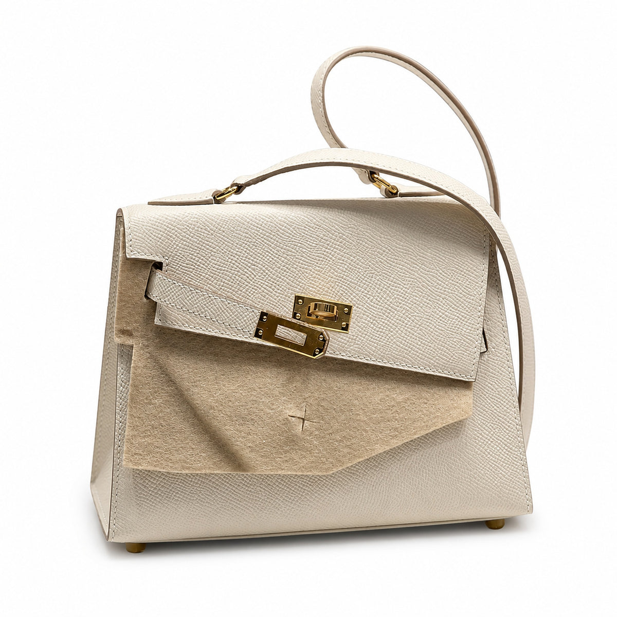 Kelly II SELLIER double-sided Kelly 20cm 10 Milkshake White Epsom Leather Gold Buckle — Elegant Structured Carry Style