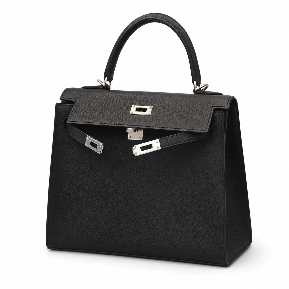 Kelly Epsom 25cm [Black Silver]——Small and cute — Structured Top-Handle Handbag