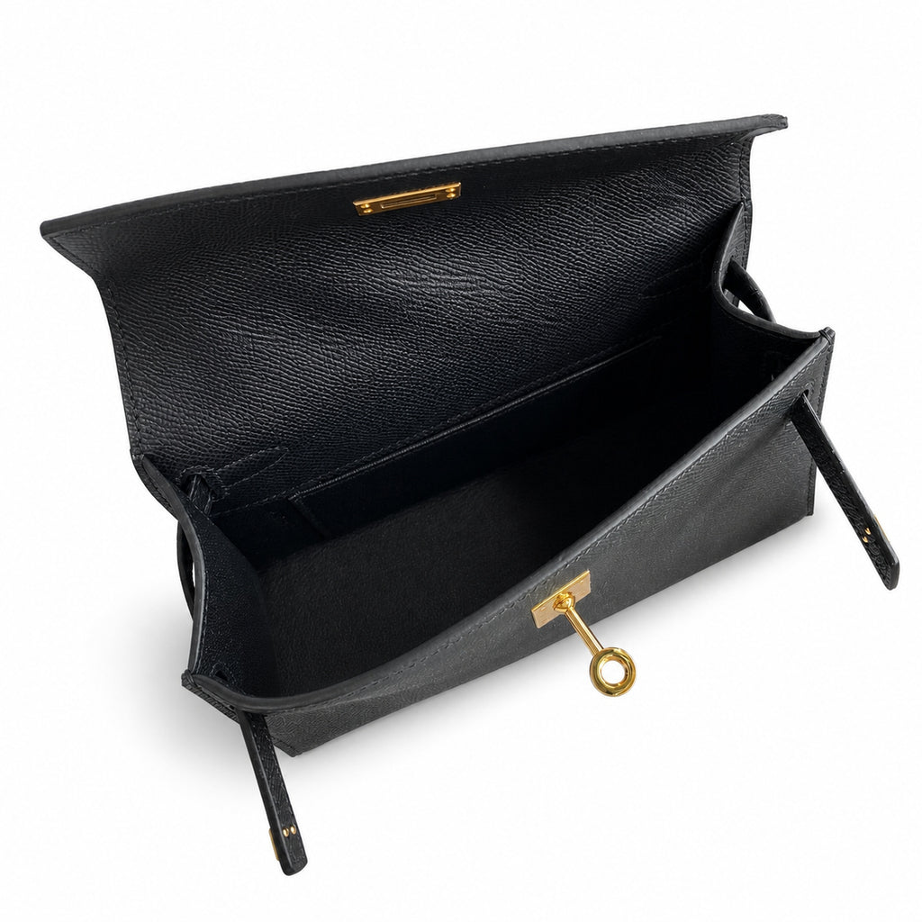 First generation handbag evening bag Kelly 22cm Epsom Leather Black Gold Buckle wax thread — Refined Top-Handle Bag
