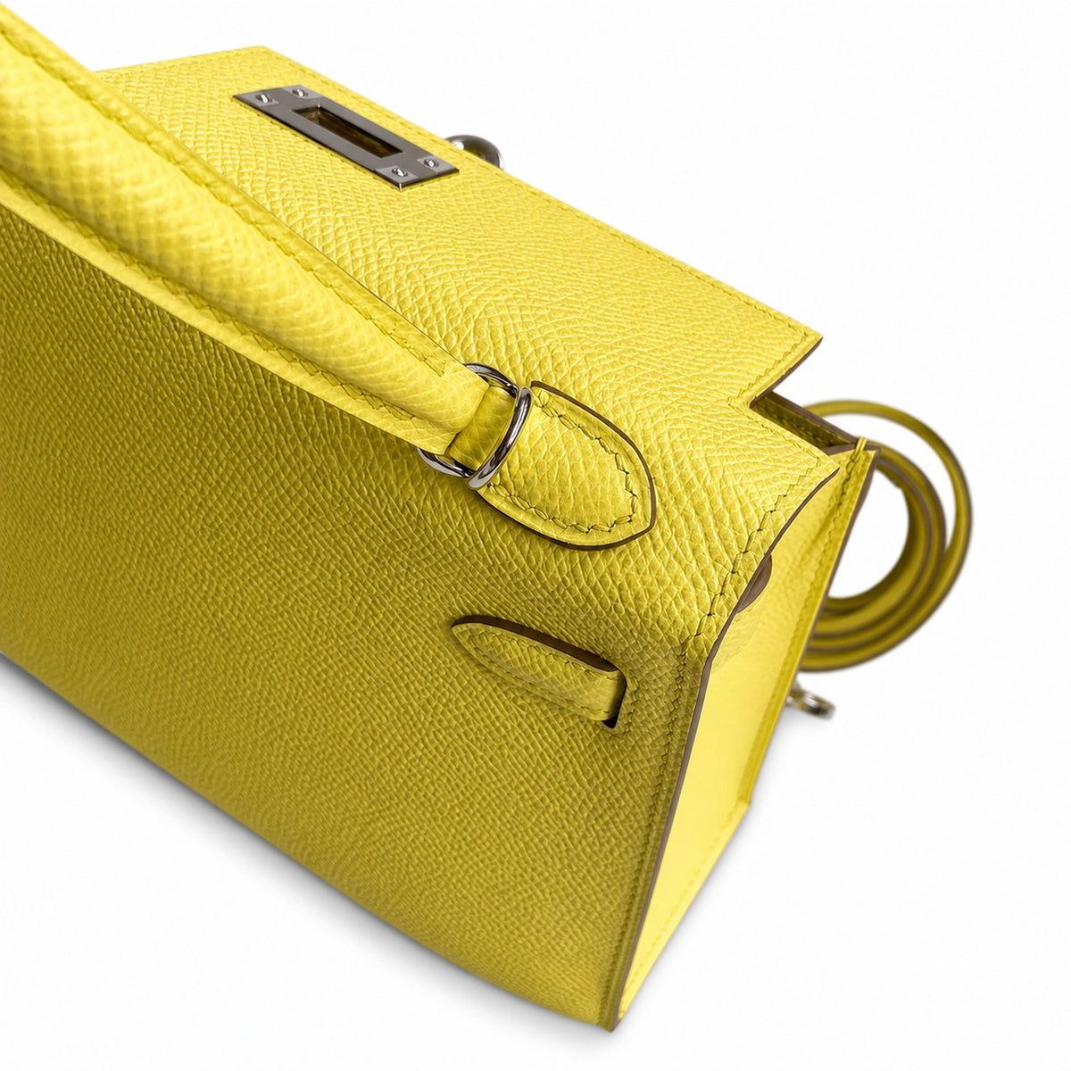 handmade Mini Kelly II 19cm imported Epsom Leather lemon yellow Silver Buckle — Streamlined Mini Handbag