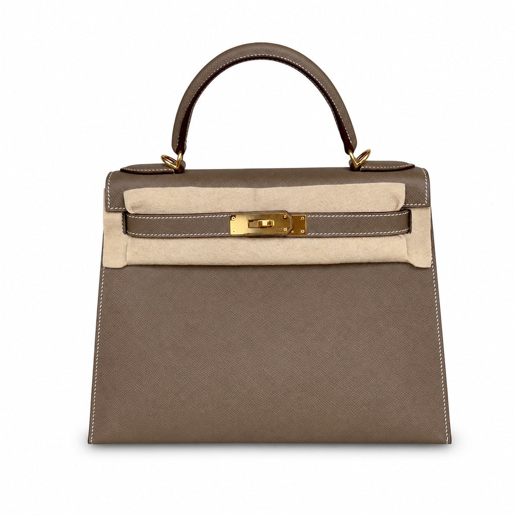 Kelly 28cm Gold Buckle (Gold) Epsom 18 Elephant Gray Etoupe handmade — Classic Hand-Carry Silhouette