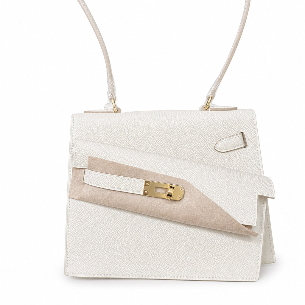 Kelly Desordre 20cm Sellier double-sided Epsom original palm print leather ck10 Milkshake White Craie Gold Buckle GHw top hand sewing — Double-Sided Structured Handbag