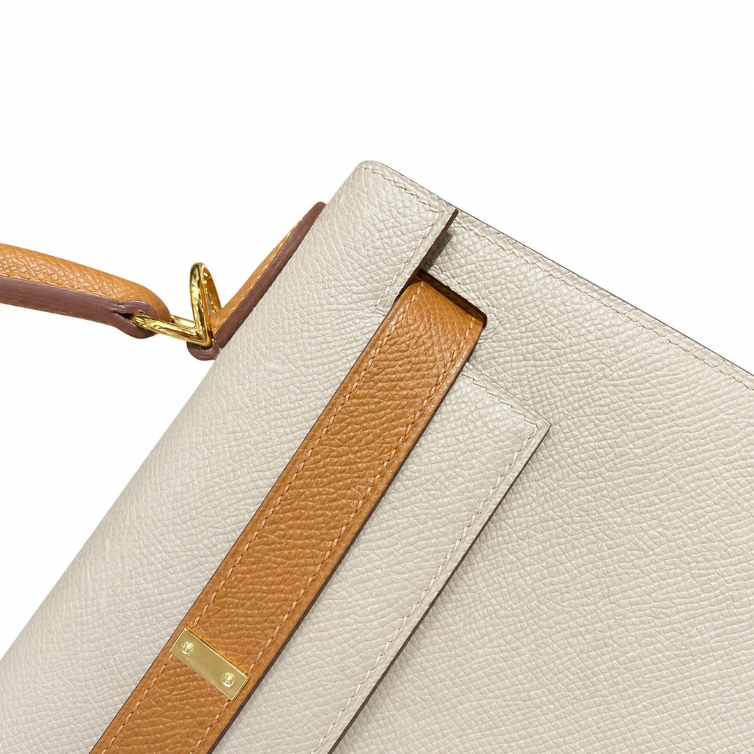 Kelly 28cm Epsom Leather S2 Trench Windbreaker Gray and 37 Gold Golden Brown Top Handmade — Polished Structured Handbag