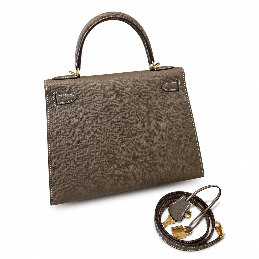 Kelly 28cm in Elephant Gray Epsom Leather with Gold Buckle Handmade — Versatile Structured Bag