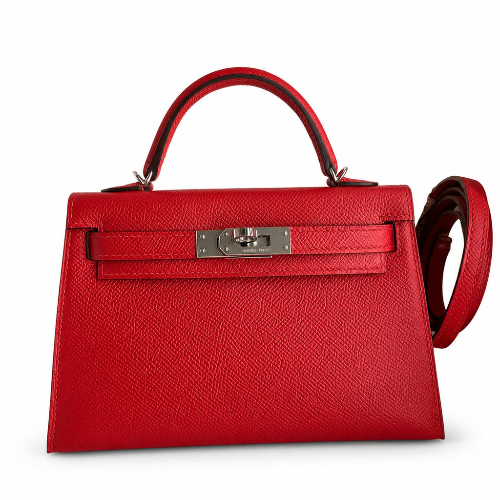 handmade Mini Kelly II 19cm imported Epsom Leather flag Red Silver Buckle — Small Structured Carry Style