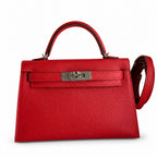 handmade Mini Kelly II 19cm imported Epsom Leather flag Red Silver Buckle — Small Structured Carry Style