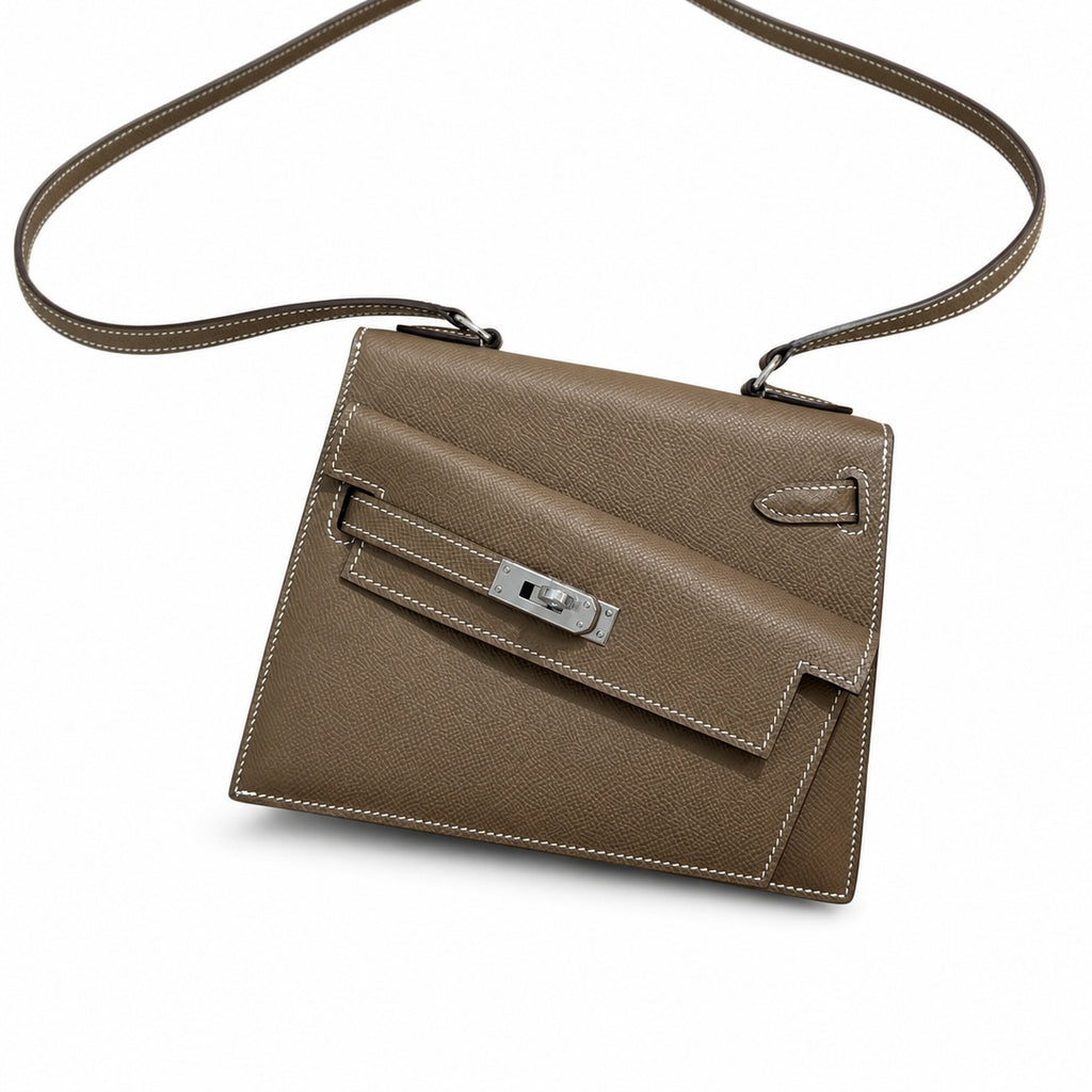 Kelly Double-Sided Epsom Leather in Elephant Gray with Silver Buckle — Polished Two-Sided Top-Handle Bag