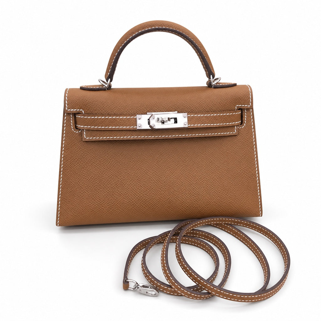 handmade Second generation Kelly 19cm imported Epsom Leather earthy yellow Gold and Silver Buckle — Sophisticated Small-Scale Bag