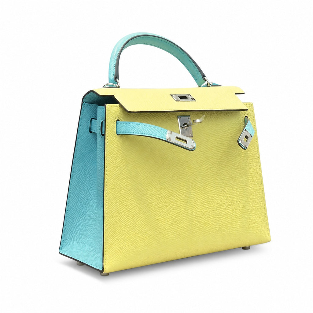 Kelly 28cm Epsom Leather C9 Soufre goose egg yolk 3P BlueAtoll macaron blue top handcraft — Polished Structured Handbag