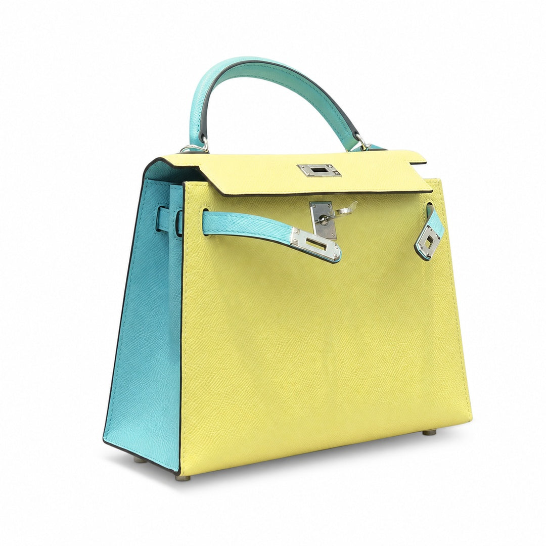 Kelly 28cm Epsom Leather C9 Soufre goose egg yolk 3P BlueAtoll macaron blue top handcraft — Polished Structured Handbag