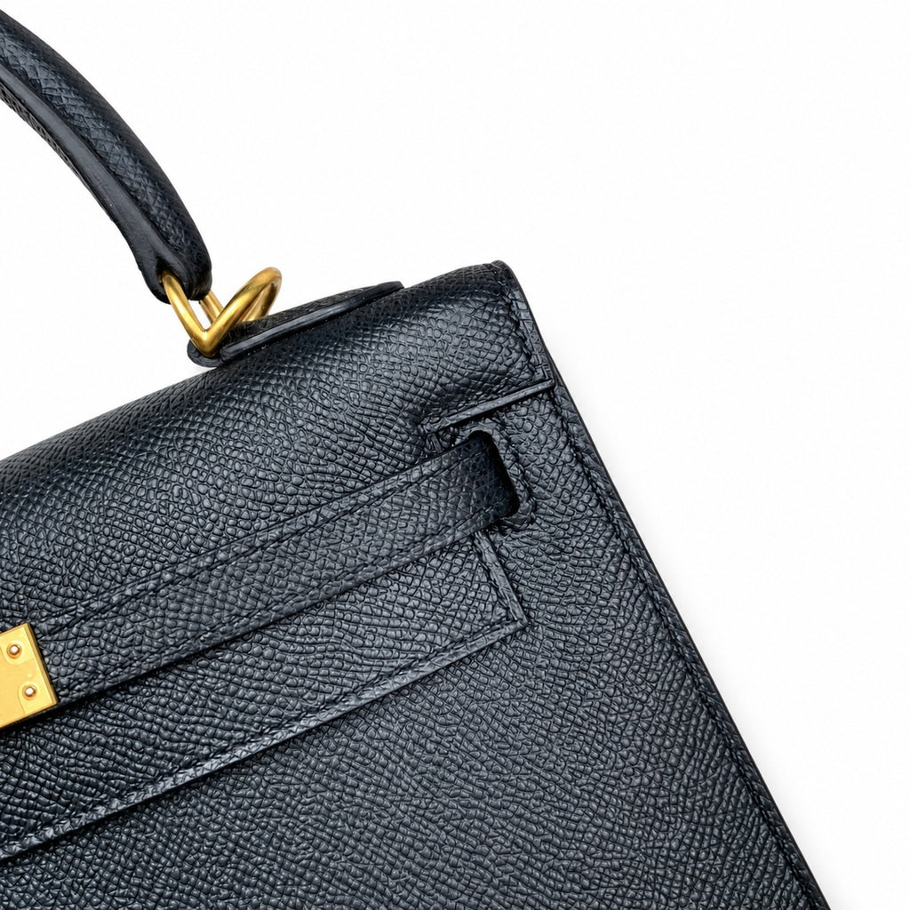 Kelly 25 Black Epsom Gold Buckle, fully handmade with wax thread — Polished Structured Handbag