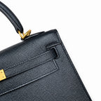 Kelly 25 Black Epsom Gold Buckle, fully handmade with wax thread — Polished Structured Handbag