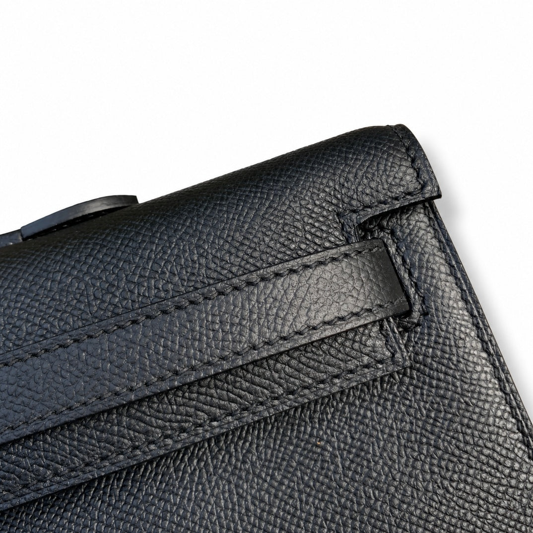 Kelly cut clutch evening bag Epsom Leather wax thread handmade Black Gold Buckle — Distinctive Slim Carry Style