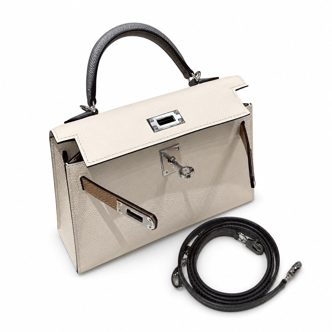 Mini Kelly II 19cm in Nata & Chai & Gris Meyer Epsom Leather with Silver Buckle — Versatile Mini Carry Design
