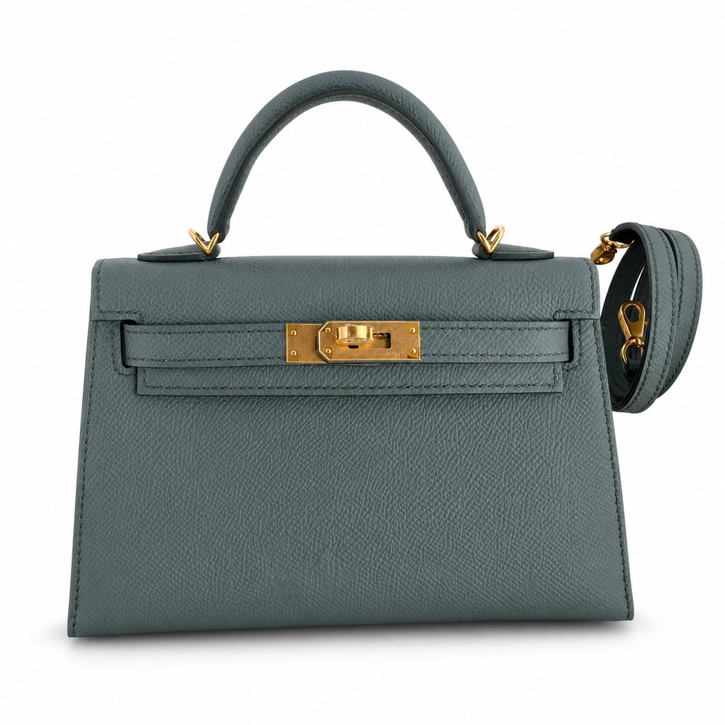 handmade Mini Kelly II 19cm imported Epsom Leather almond green Gold Buckle — Elegant Compact Carry Style