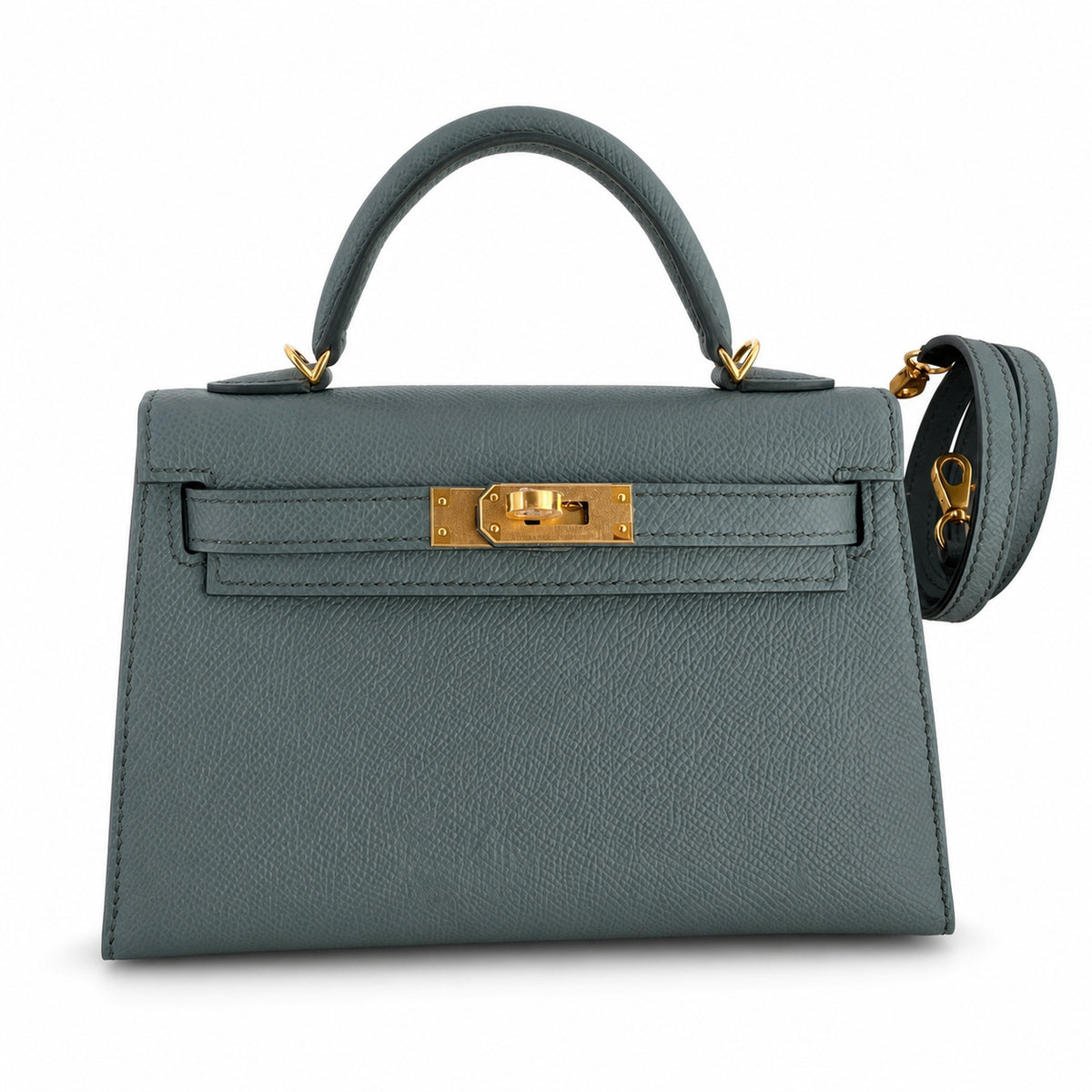 handmade Mini Kelly II 19cm imported Epsom Leather almond green Gold Buckle — Elegant Compact Carry Style
