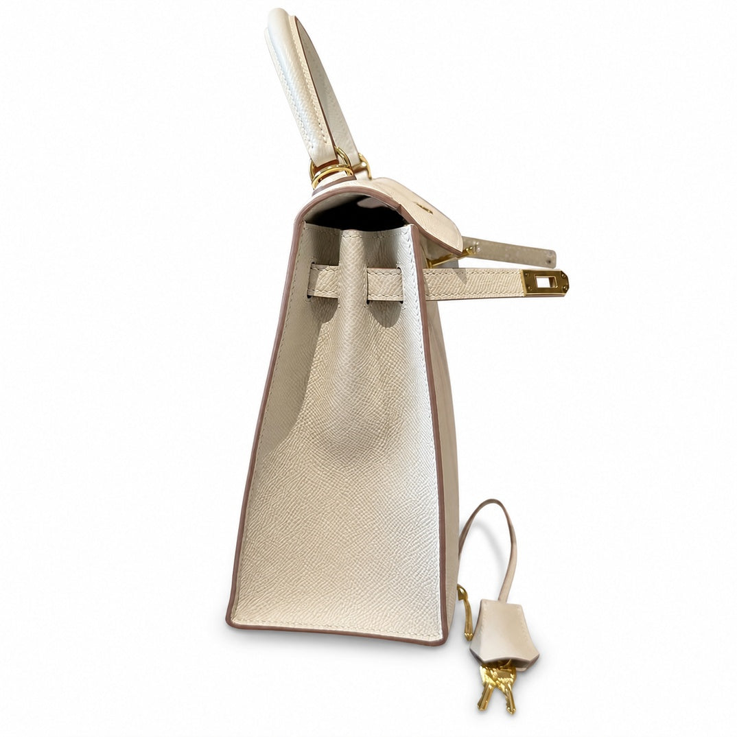 Kelly 25cm in Milkshake White Epsom Leather with Gold Buckle Handmade — Refined Top-Handle Bag