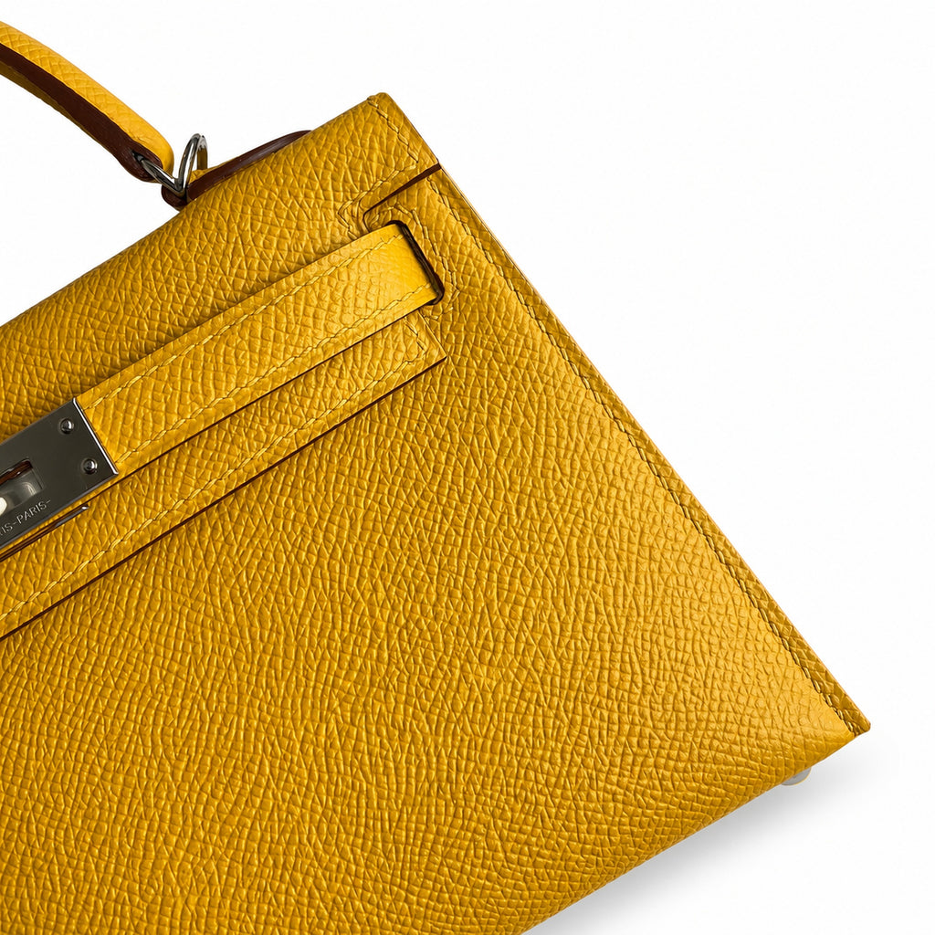 handmade Mini Kelly II 19cm imported Epsom Leather amber yellow Silver Buckle — Elegant Compact Carry Style