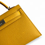 handmade Mini Kelly II 19cm imported Epsom Leather amber yellow Silver Buckle — Elegant Compact Carry Style