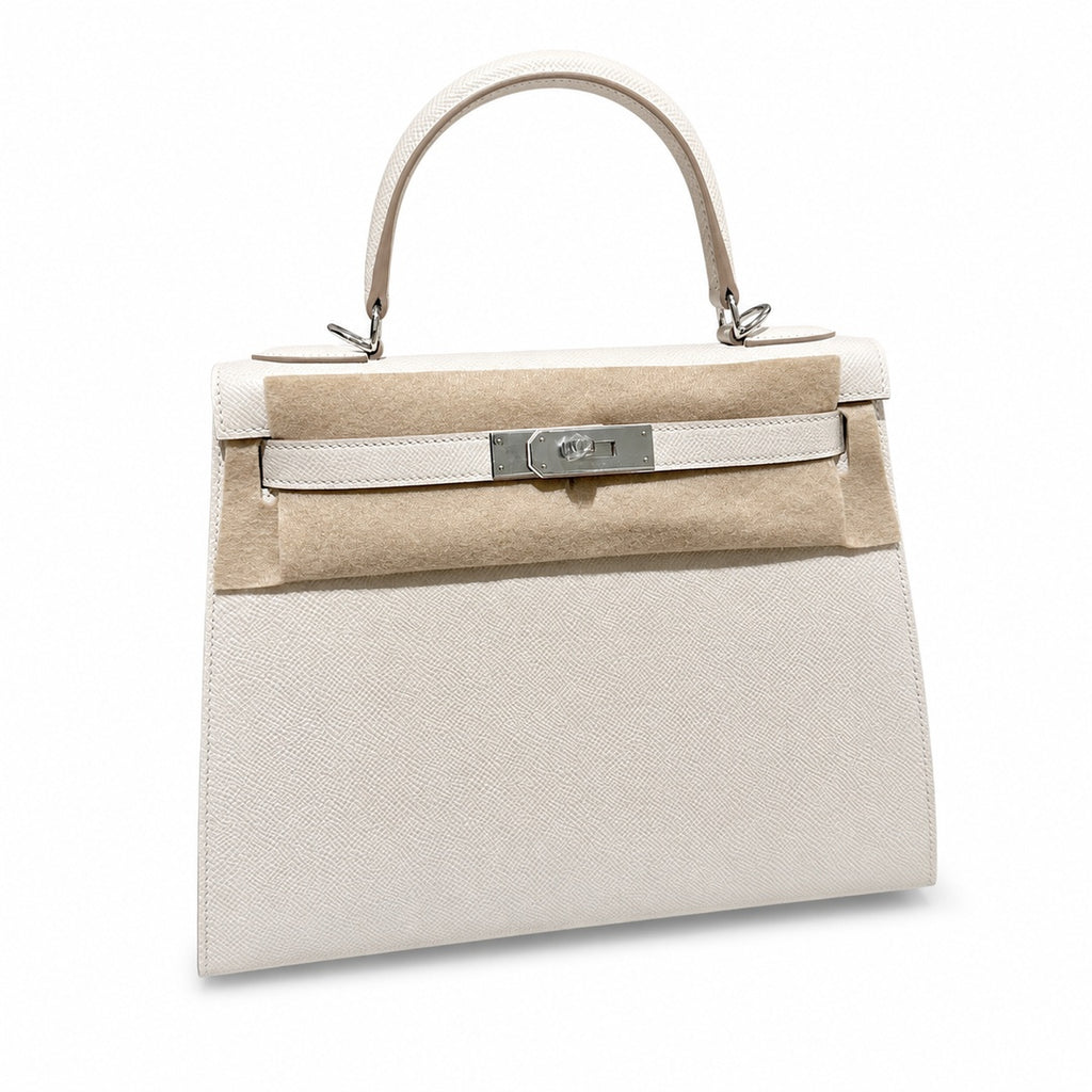 Kelly 28cm in Milkshake White Epsom Leather with Silver Buckle Handmade — Versatile Structured Bag