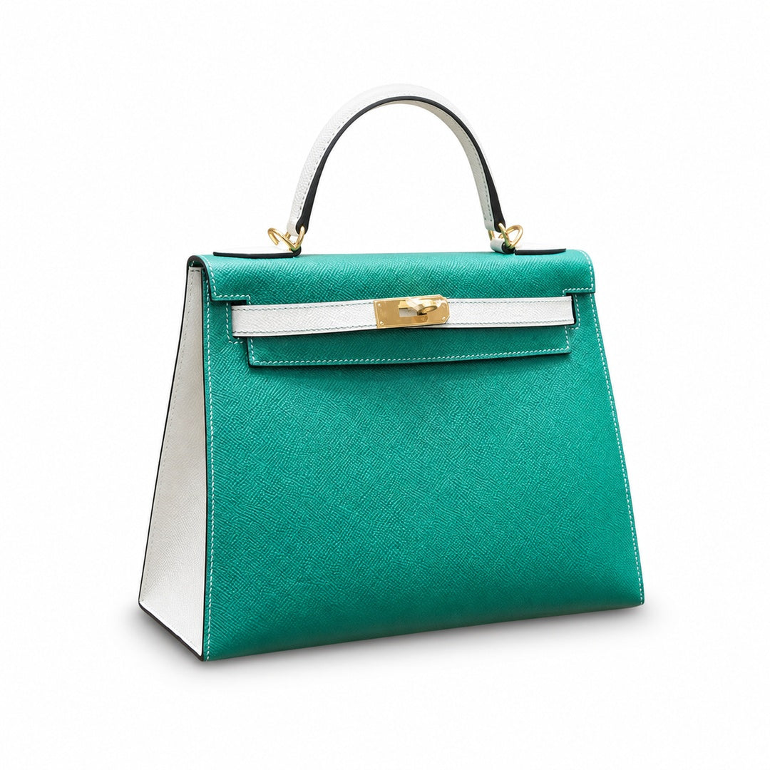 Kelly 28cm Epsom Leather U4 Vert Vertigo Velvet Green with 10 Craie Milkshake White top handcraft — Structured Top-Handle Handbag