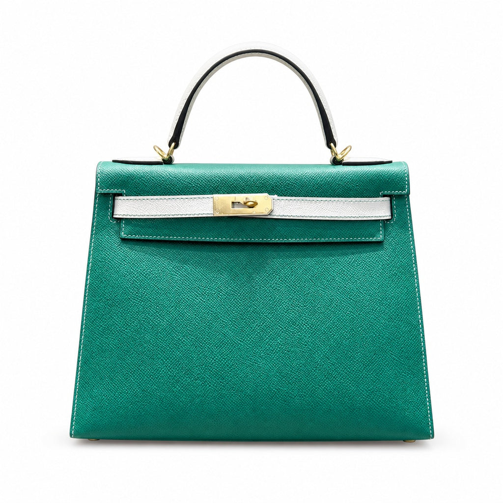 Kelly 28cm Epsom Leather U4 Vert Vertigo Velvet Green with 10 Craie Milkshake White top handcraft — Structured Top-Handle Handbag