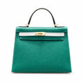 Kelly 28cm Epsom Leather U4 Vert Vertigo Velvet Green with 10 Craie Milkshake White top handcraft — Structured Top-Handle Handbag