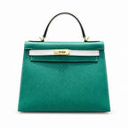Kelly 28cm Epsom Leather U4 Vert Vertigo Velvet Green with 10 Craie Milkshake White top handcraft — Structured Top-Handle Handbag