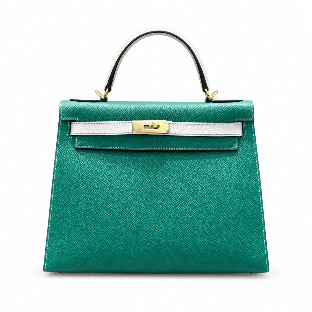 Kelly 28cm Epsom Leather U4 Vert Vertigo Velvet Green with 10 Craie Milkshake White top handcraft — Structured Top-Handle Handbag