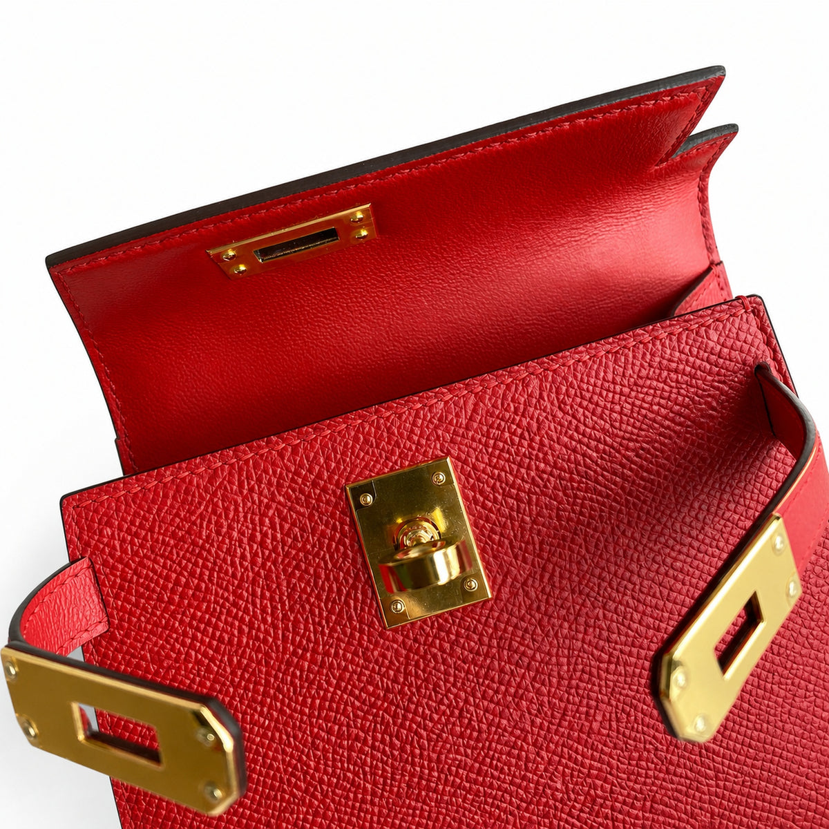 handmade Mini Kelly II 19cm imported Epsom Leather flag Red Gold Buckle — Distinctive Petite Bag
