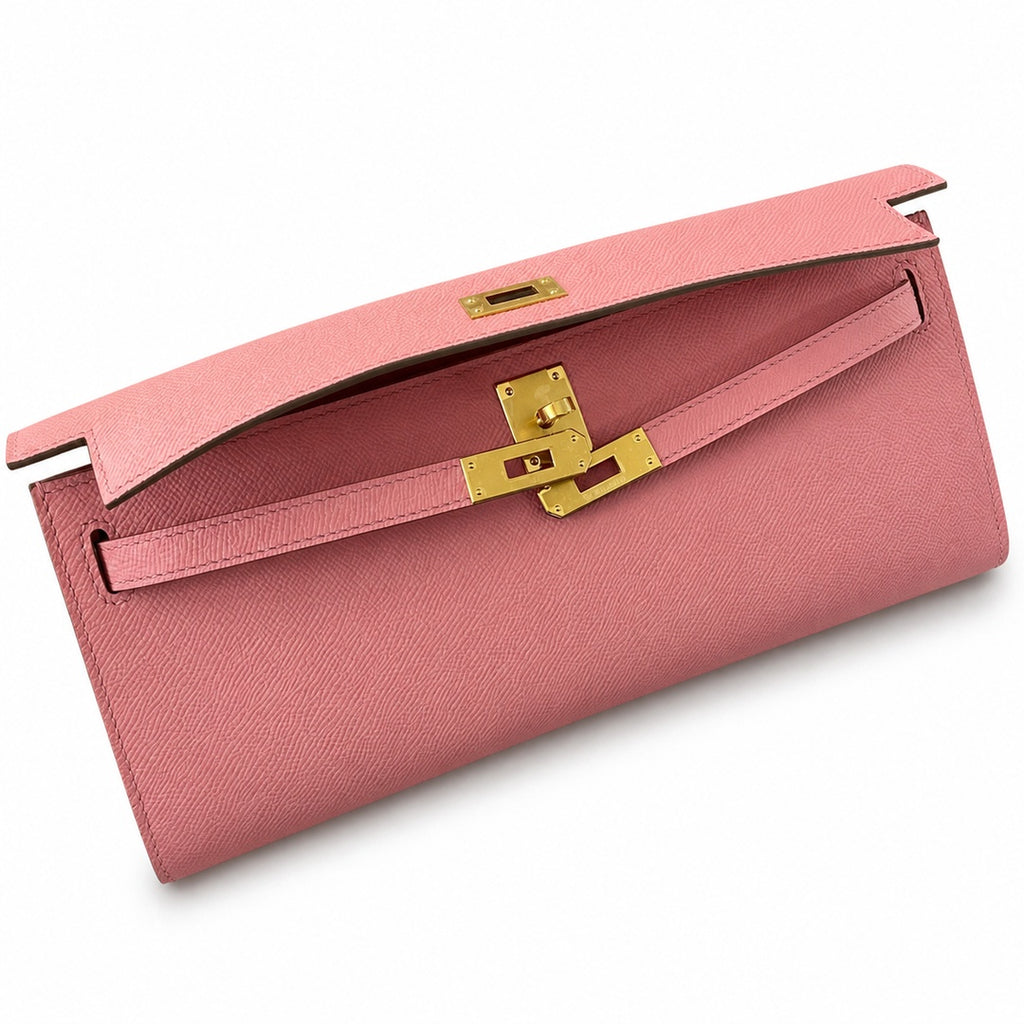 Kelly cut 31 clutch Epsom Milkshake Powder Gold Buckle — Elegant Hand-Carry Clutch