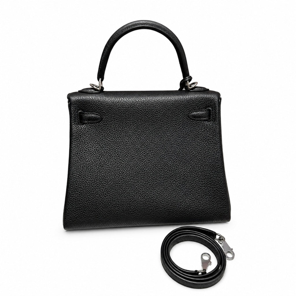 Kelly 25cm in Black Togo Leather with Silver Buckle Handmade — Streamlined Top-Handle Handbag