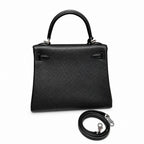 Kelly 25cm in Black Togo Leather with Silver Buckle Handmade — Streamlined Top-Handle Handbag