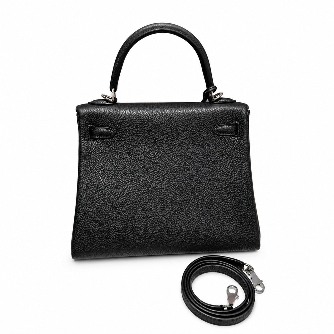 Kelly 25cm in Black Togo Leather with Silver Buckle Handmade — Streamlined Top-Handle Handbag