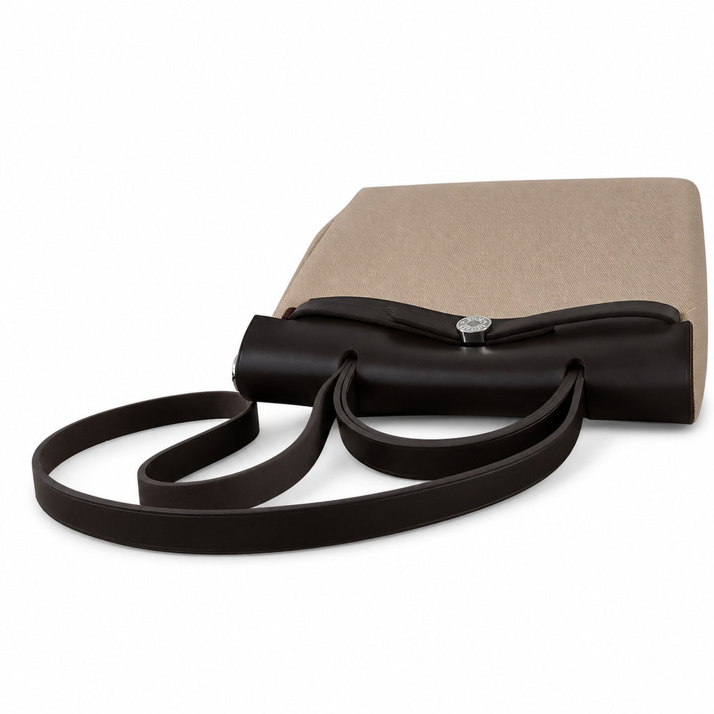 Herbag 31cm Saddle-Inspired Canvas Body with Leather Handle and Shoulder Strap — Canvas-and-Leather Shoulder Bag