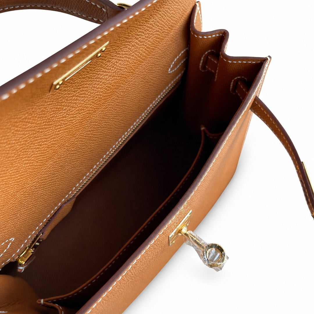 Kelly 25 Golden Brown Gold Buckle Epsom pure hand sewing wax thread — Streamlined Top-Handle Handbag