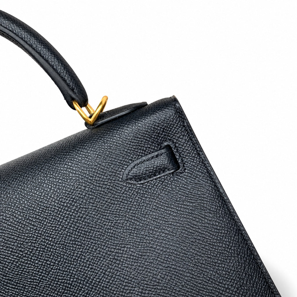 Kelly 25 Black Epsom Gold Buckle, fully handmade with wax thread — Polished Structured Handbag