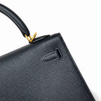 Kelly 25 Black Epsom Gold Buckle, fully handmade with wax thread — Polished Structured Handbag